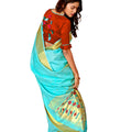 DRAVINAM Trends Women's Woven Soft Cotton Sky Blue Zari Border and Buti Saree with Embroidered Blouse Piece for Women