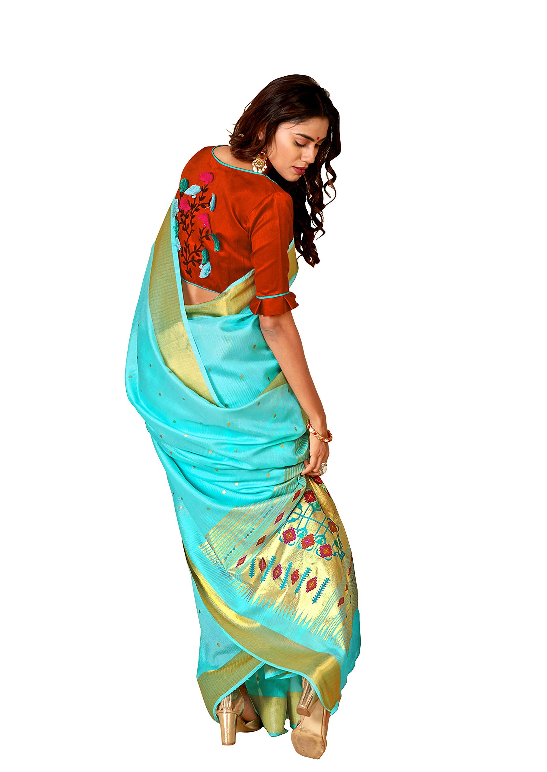DRAVINAM Trends Women's Woven Soft Cotton Sky Blue Zari Border and Buti Saree with Embroidered Blouse Piece for Women