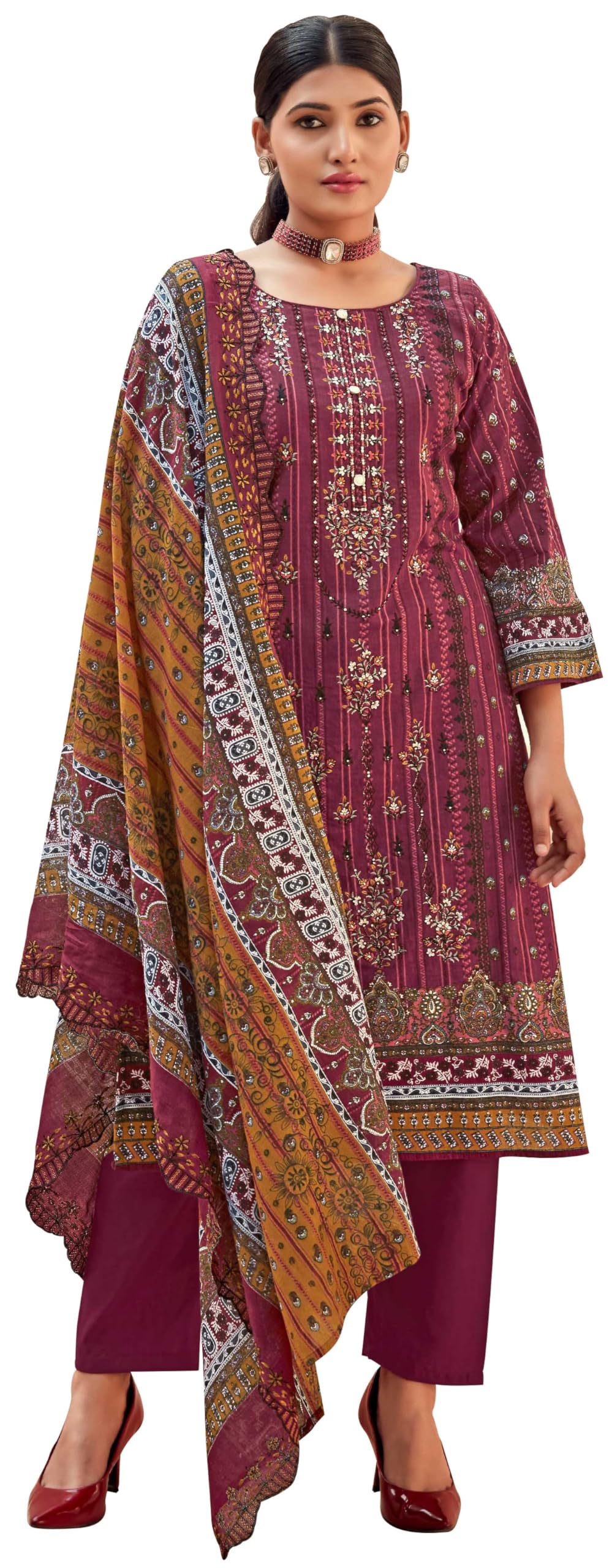 DRAVINAM Trends Women's Unstitched Salwar Suit Dress Material - Cotton Digital Printed Organza Embroidered Kameez II Unstitch Bottoms II Cotton Dupatta