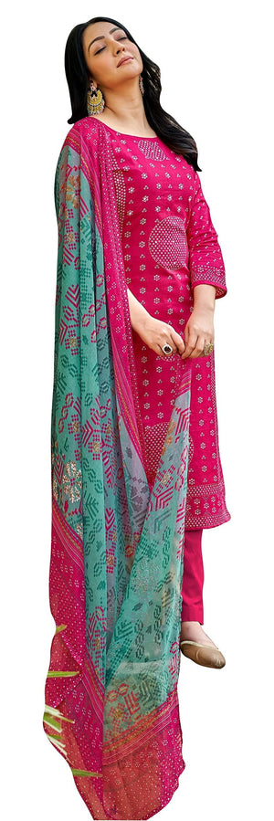 DRAVINAM Trends Women's Unstitched Salwar Suit Dress Material - Pure Cotton Print with Mirror Work Kameez | Plain Bottom |Chiffon Print Dupatta