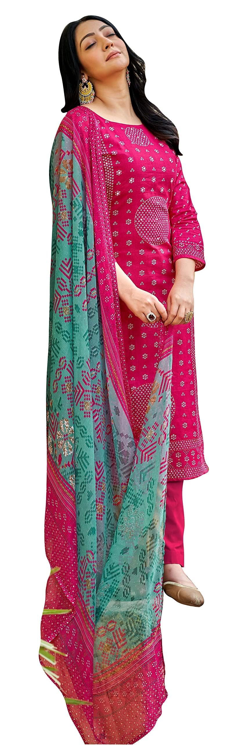 DRAVINAM Trends Women's Unstitched Salwar Suit Dress Material - Pure Cotton Print with Mirror Work Kameez | Plain Bottom |Chiffon Print Dupatta