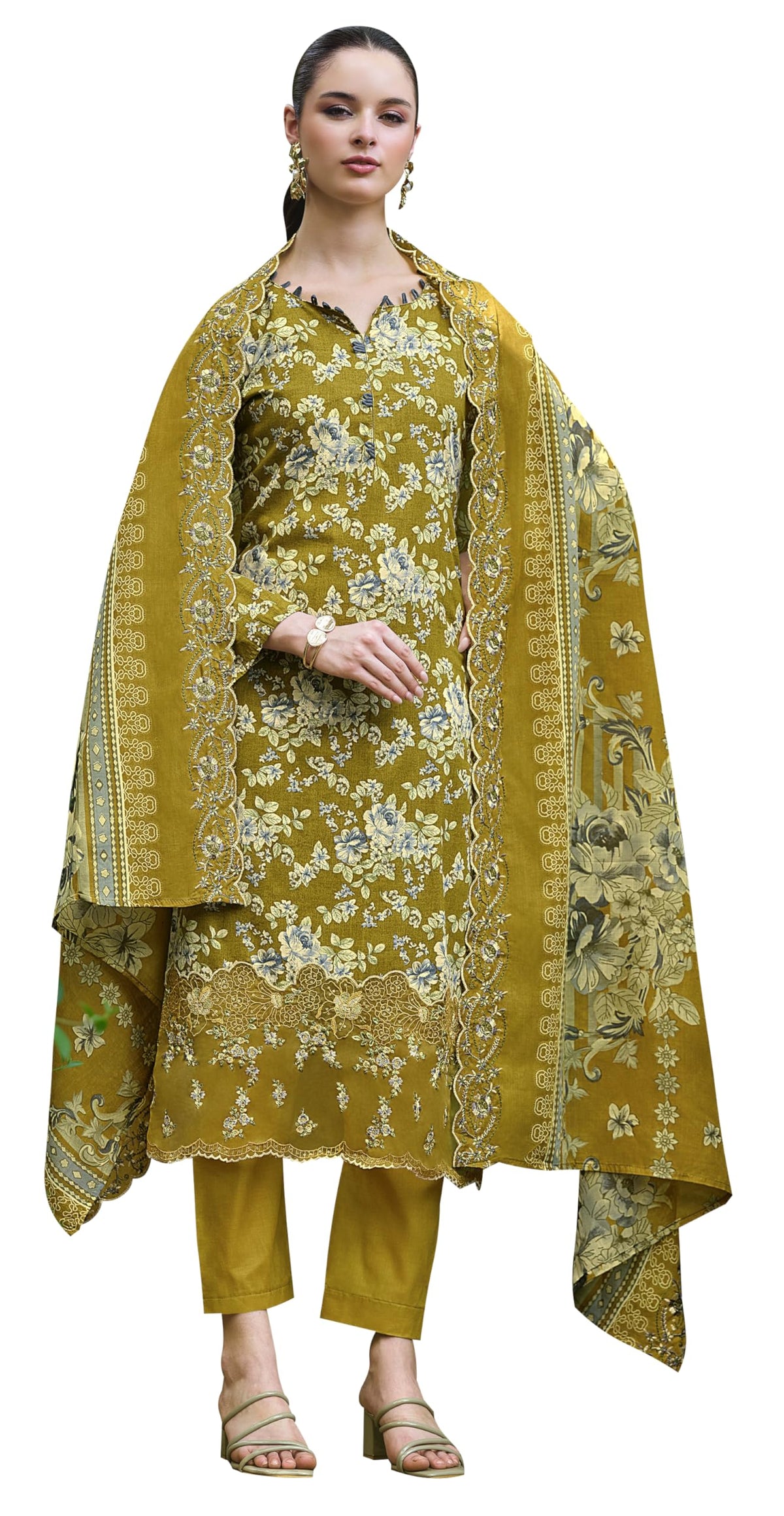 DRAVINAM Trends Women's Stitched Digital Print Embroidered Scalloping Cutwork Pure Cotton Kurta Pant Suit Set with Cotton Embroidered Scalloping Cutwork Dupatta (XL / 42)