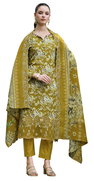 DRAVINAM Trends Women's Stitched Digital Print Embroidered Scalloping Cutwork Pure Cotton Kurta Pant Suit Set with Cotton Embroidered Scalloping Cutwork Dupatta (XL / 42)