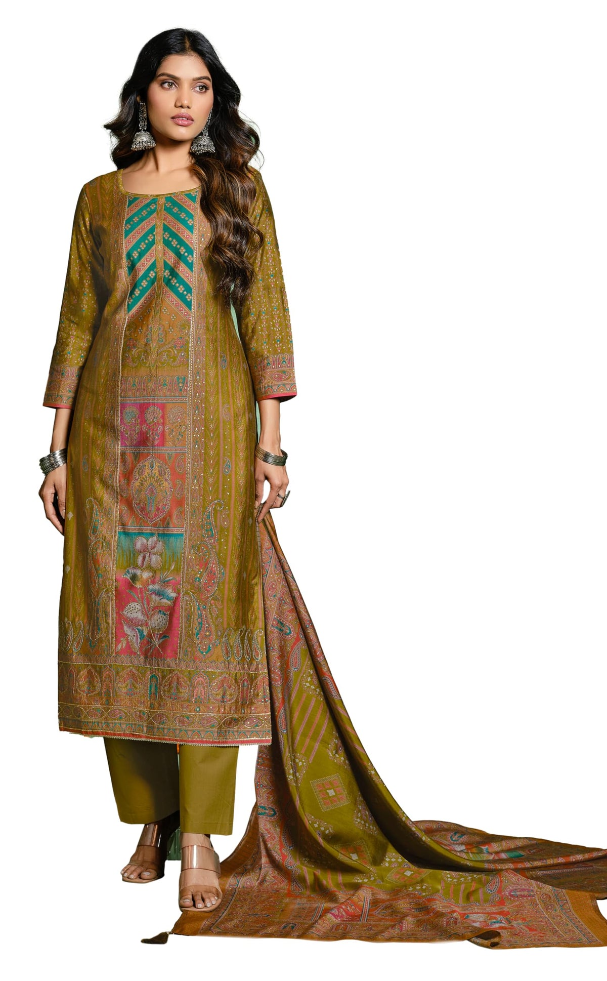 DRAVINAM Trends Unstitched Women Maslin Suit Material – Embroidered Printed Maslin Top, Maslin Bottoms and Maslin Printed Dupatta