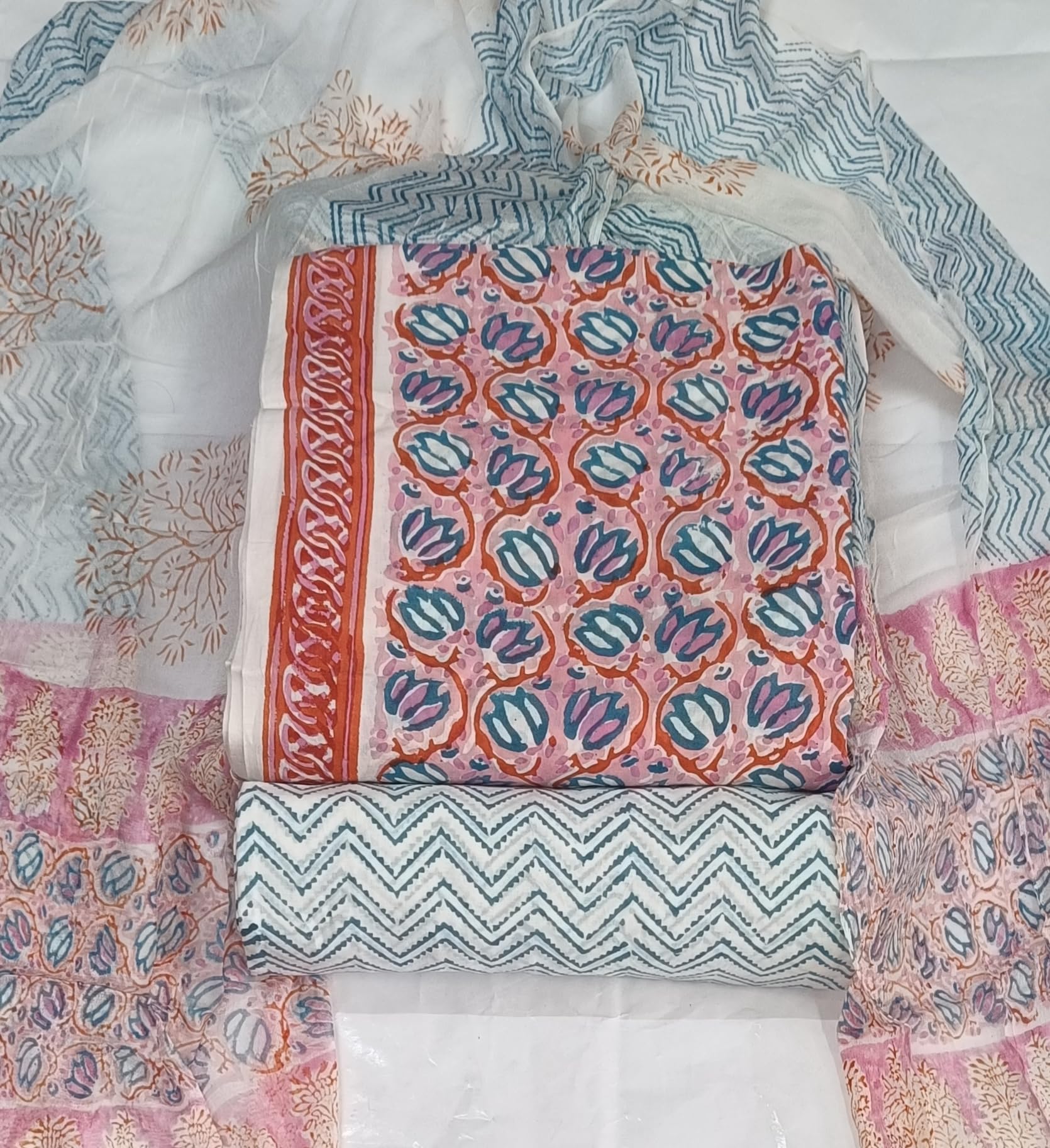 DRAVINAM Trends Hand Block Print Cambric Cotton Unstitched Salwar Suit Set for Women with Pure Chiffon Hand Printed Dupatta