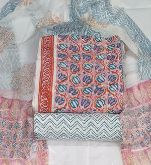 DRAVINAM Trends Hand Block Print Cambric Cotton Unstitched Salwar Suit Set for Women with Pure Chiffon Hand Printed Dupatta