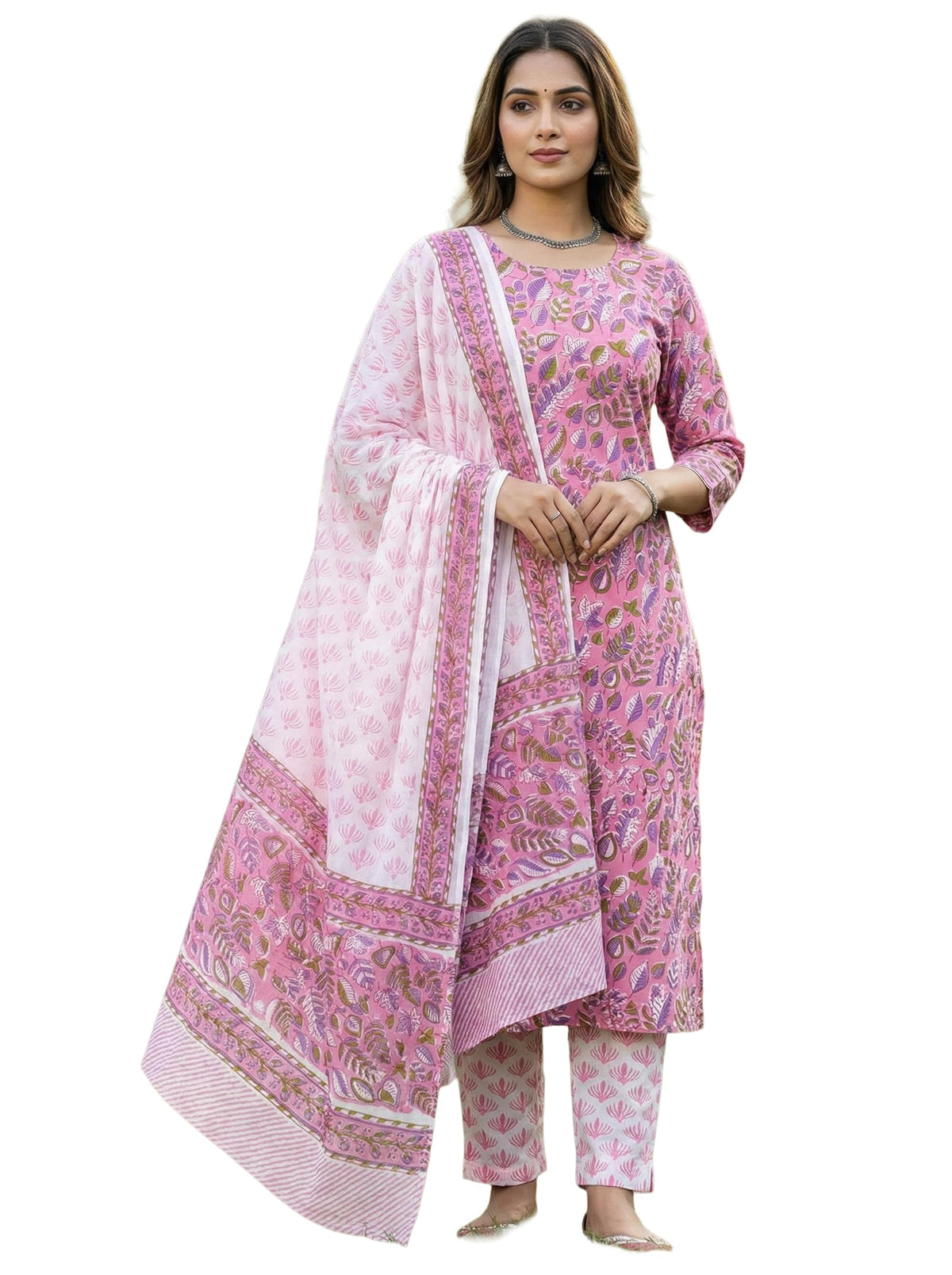 DRAVINAM Trends Hand Block Print Sanganeri Cambric Unstitched Cotton Suit Dress Material for Women with Mulmul Cotton Hand Printed Dupatta