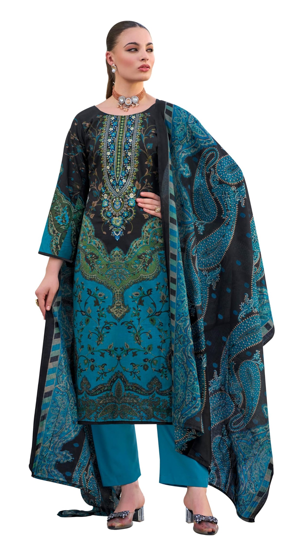 DRAVINAM Trends Women's Unstitched Salwar Suit Dress Material - Cotton Digital Printed Organza Embroidered Kameez II Unstitch Bottoms II Cotton Dupatta