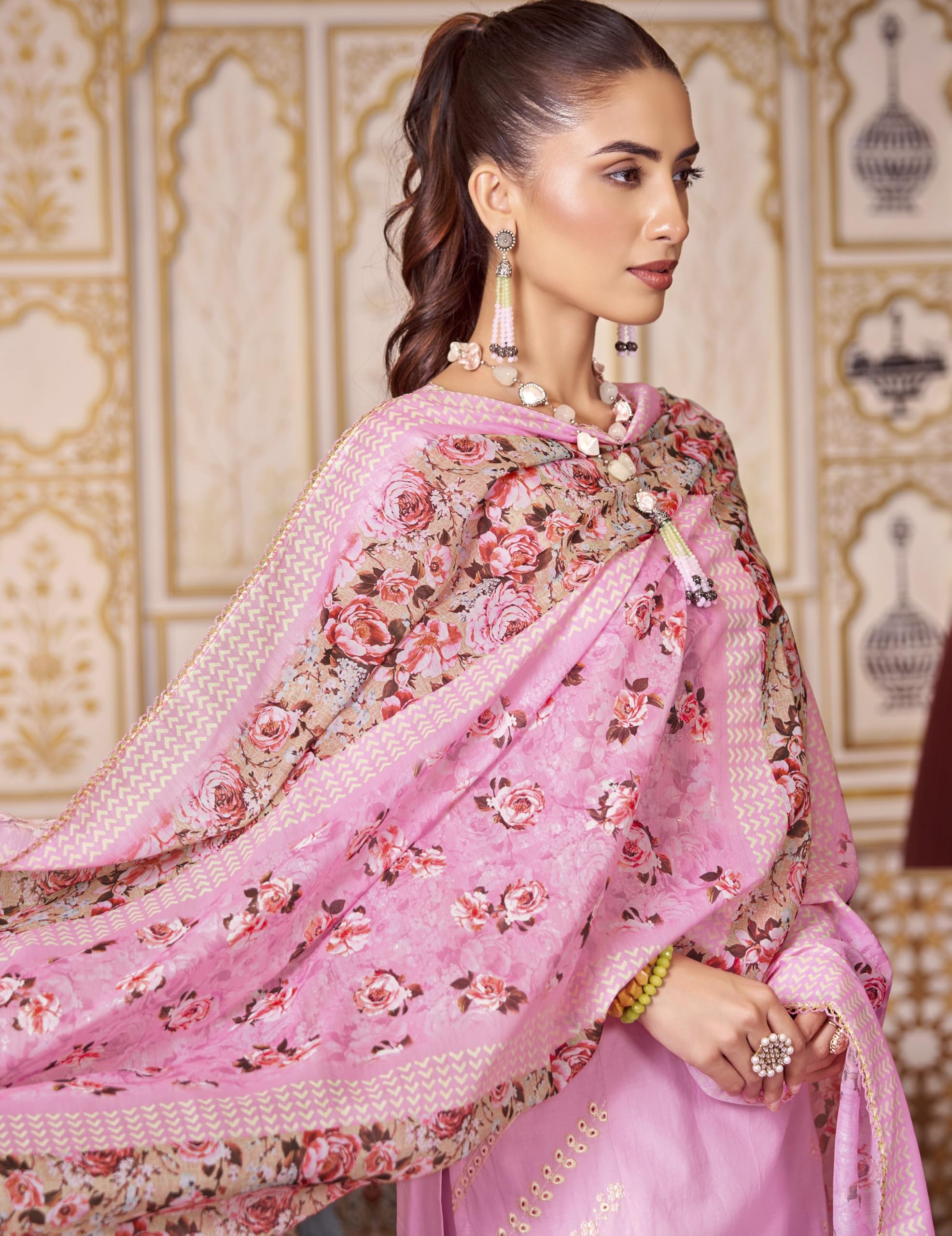 DRAVINAM Trends Women's Exquisite Unstitched Viscose Cambric Lawn Cotton Suit Dress Material with Embroidered Daman & Sleeves | Stylish Pure Cotton Digital Print Dupatta & Solid Bottoms