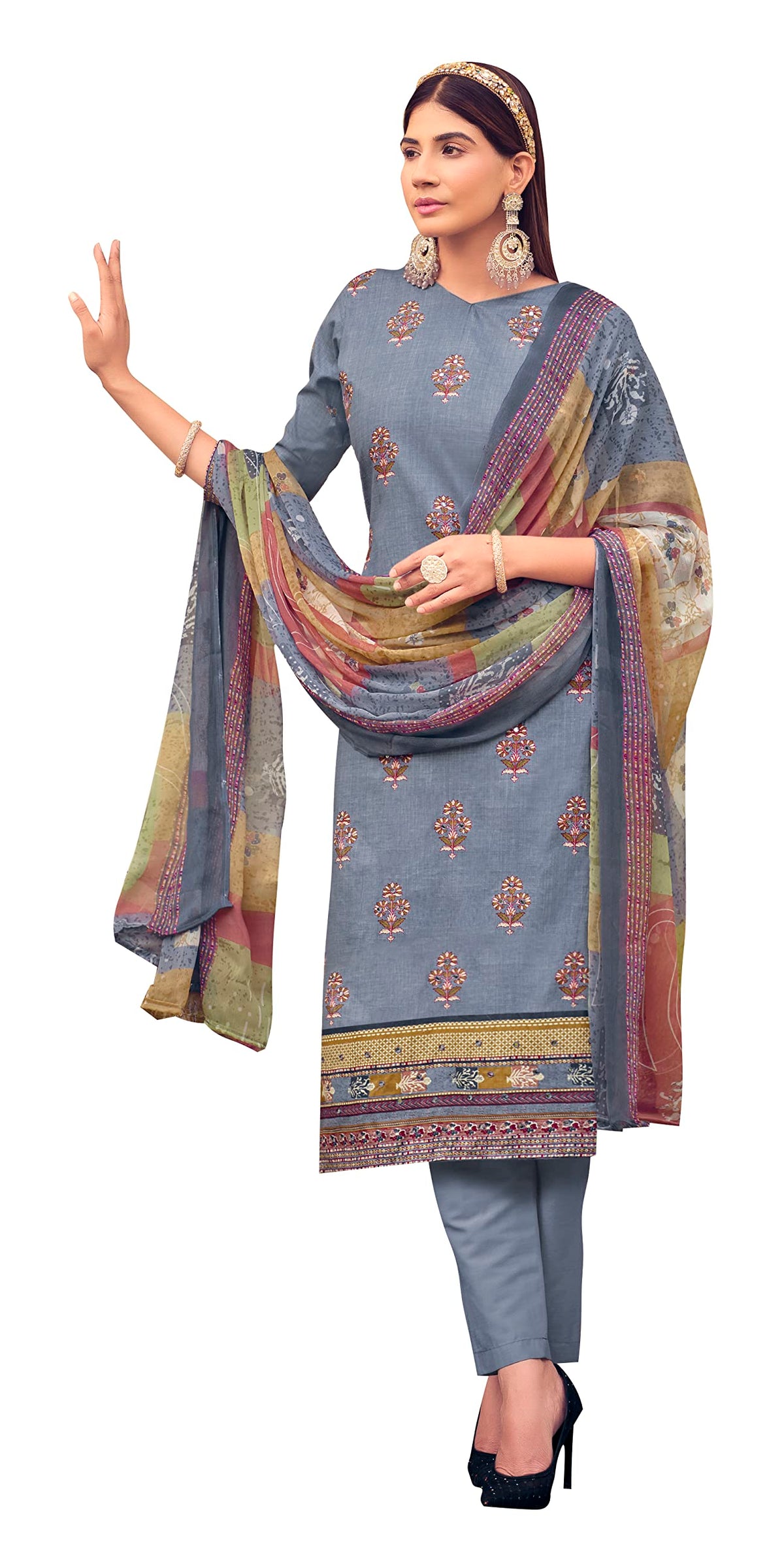 DRAVINAM Trends Unstitched Printed Mirror Work Cotton Salwar Suits Dress Material with Chiffon Dupatta (Green)