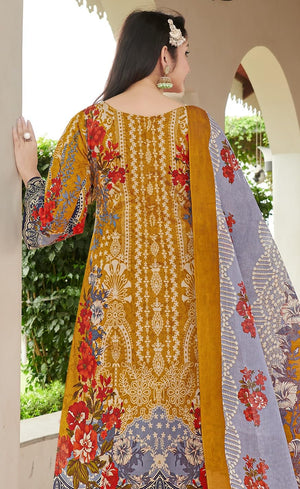 DRAVINAM Trends Unstitched Suit Material Karachi Lawn Cotton Pakistani Digital Printed Embroidered Kameez with Unstitched Bottoms and Cotton Dupatta