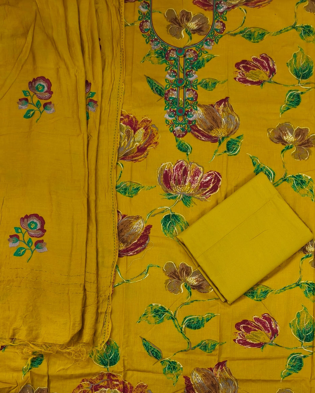 DRAVINAM Trends Women's Cotton Floral Printed Unstitched Suit Set with Embroidered Pin-Tuck Yoke & Soft Silk Dupatta