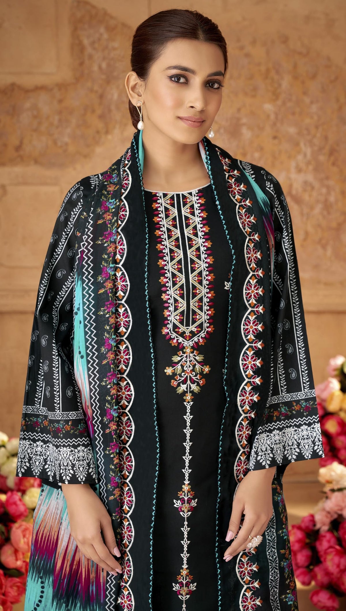 DRAVINAM Trends Unstitched Cotton Suit Dress Material Set: Pakistani Print Top Fabric with Embroidery | Customizable Solid Bottoms | Cotton Fancy Dupatta