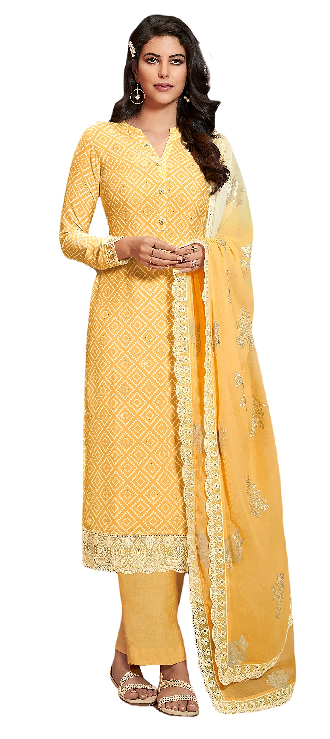 DRAVINAM Trends Women’s Royal Crepe stone work Unstitched Salwar Suit Material with Chikankari Lace Dupatta (yellow)