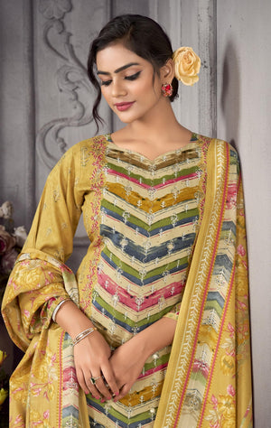 DRAVINAM Trends Women’s Ethnic Suit (Stitched, 3-Piece Set)– Heavy Viscose Rayon Designer Kurta with Heavy Handwork (2.5 m), Cotton Mal Mal Printed Dupatta (2.3 m), Bottom (3 m) (GOLDENROD, XL)