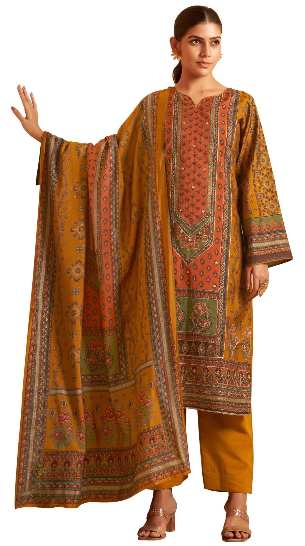 DRAVINAM Trends Women's Unstitched Maslin Suit Material - Embroidered Digital Printed Foil Masline Top II Masline Bottoms II Maslin Digital Dupatta