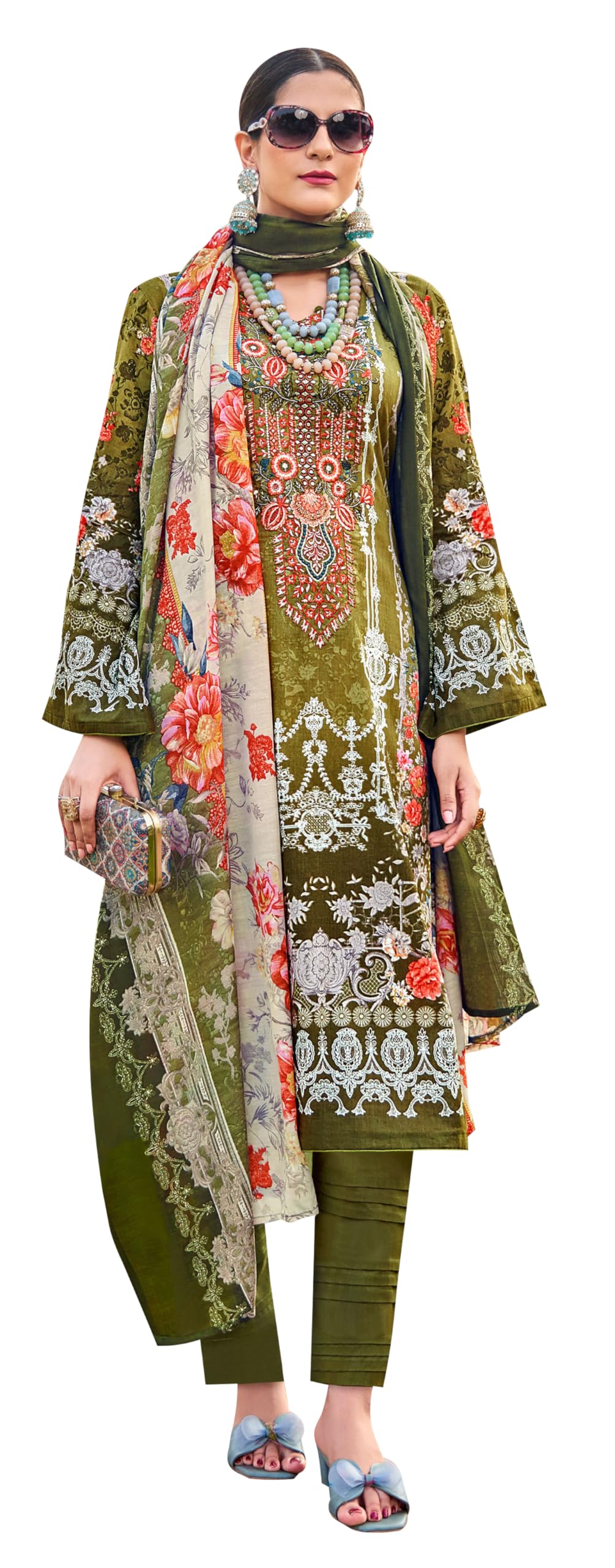 DRAVINAM Trends Lawn Cotton Pakistani Embroidered Suit Dress Material with Unstitched Bottoms and Cotton Dupatta