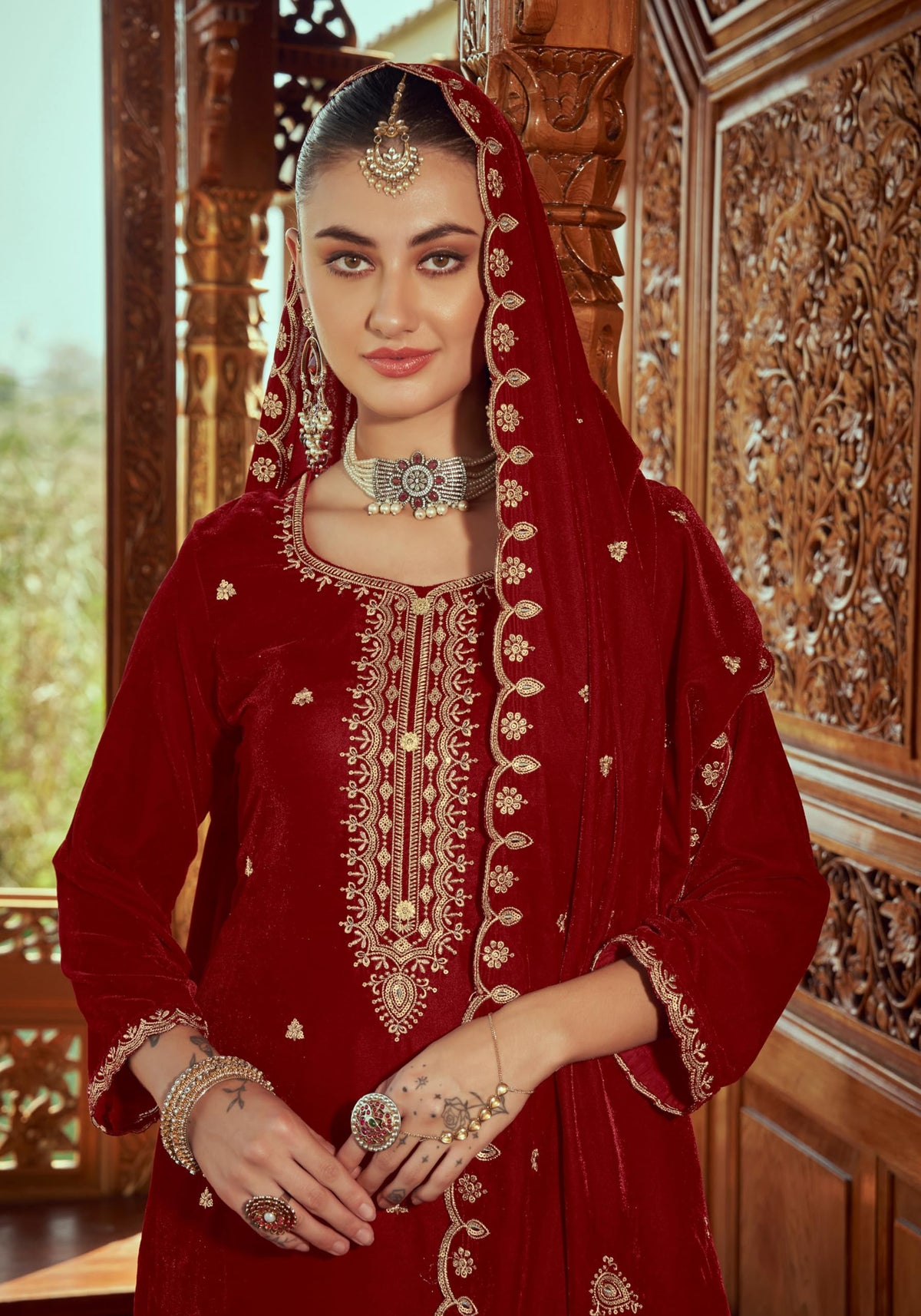 DRAVINAM Trends Women's Red Velvet Embroidered Salwar Suit Dress Material with Dupatta and Unstitched Bottoms