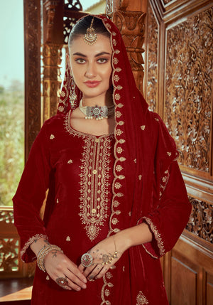 DRAVINAM Trends Women's Red Velvet Embroidered Salwar Suit Dress Material with Dupatta and Unstitched Bottoms