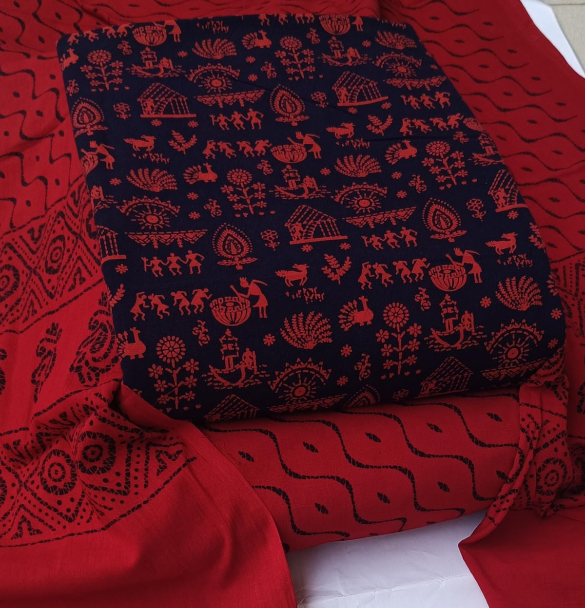 DRAVINAM Trends Women's Premium Cotton Unstitched Salwar Suit Dress Material Set | Traditional Rajasthani Gujari Block Print (Red & Mustard Yellow)