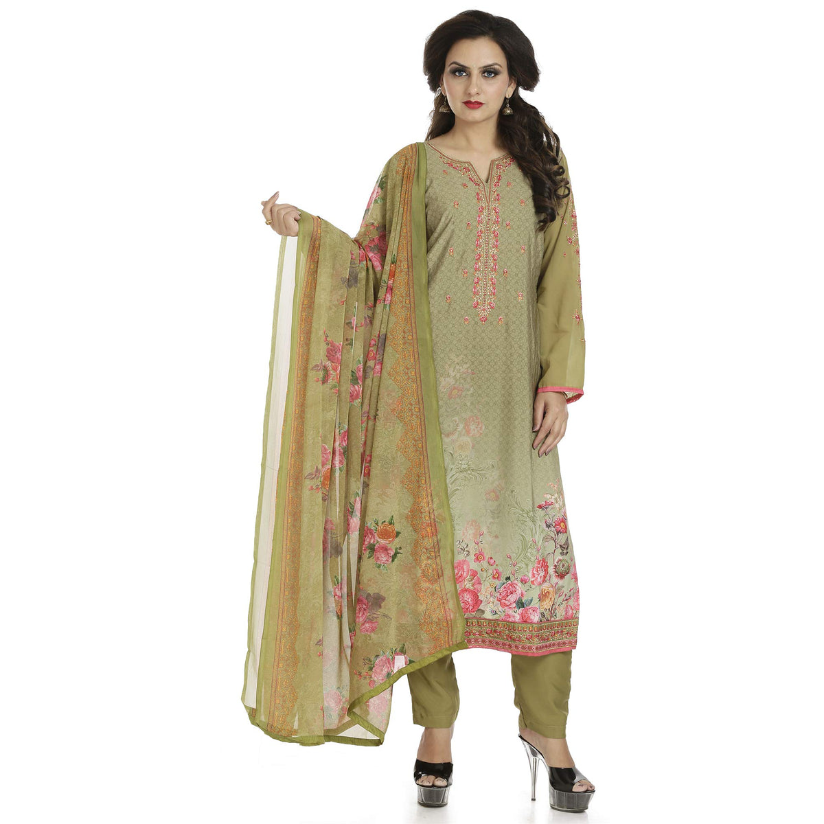 DRAVINAM Trends Women's Embroidered Pure Crepe Floral Printed Salwar Suit Dress Material with Printed Georgette Dupatta (Unstitched)