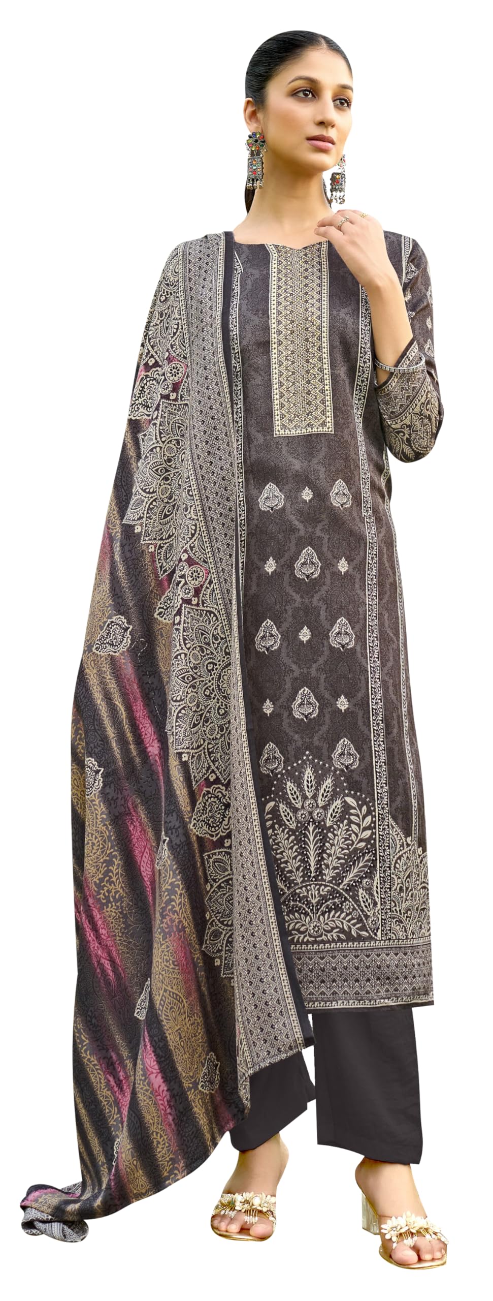 DRAVINAM Trends Women's Unstitched Winter Wear Swaroski Diamond Work Pakistani Woollen Pashmina Salwar Suit Dress Material with Twill Pashmina Printed Shawl Dupatta
