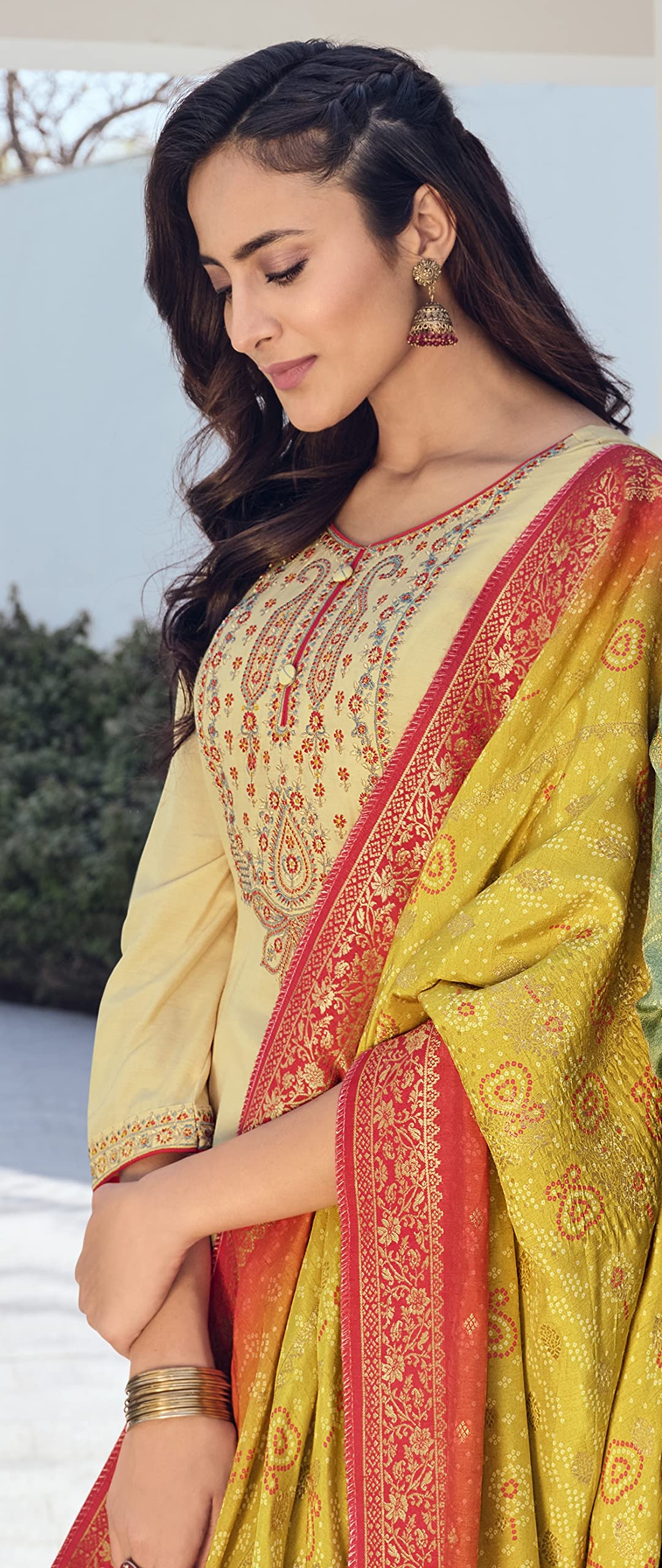 DRAVINAM Trends Women's Pure Muslin Embroidered Pakistani salwar suit dress material with Pure Viscose Dola Jacquard digital prints dupatta bridal collection (grey)