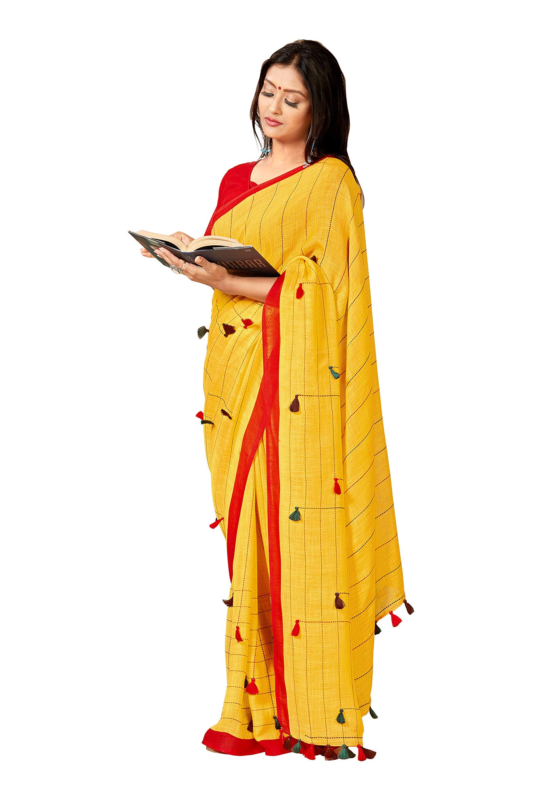 DRAVINAM Trends Women's Khadi Linen Saree With Blouse Piece (SareePN_9_Yellow & Red)