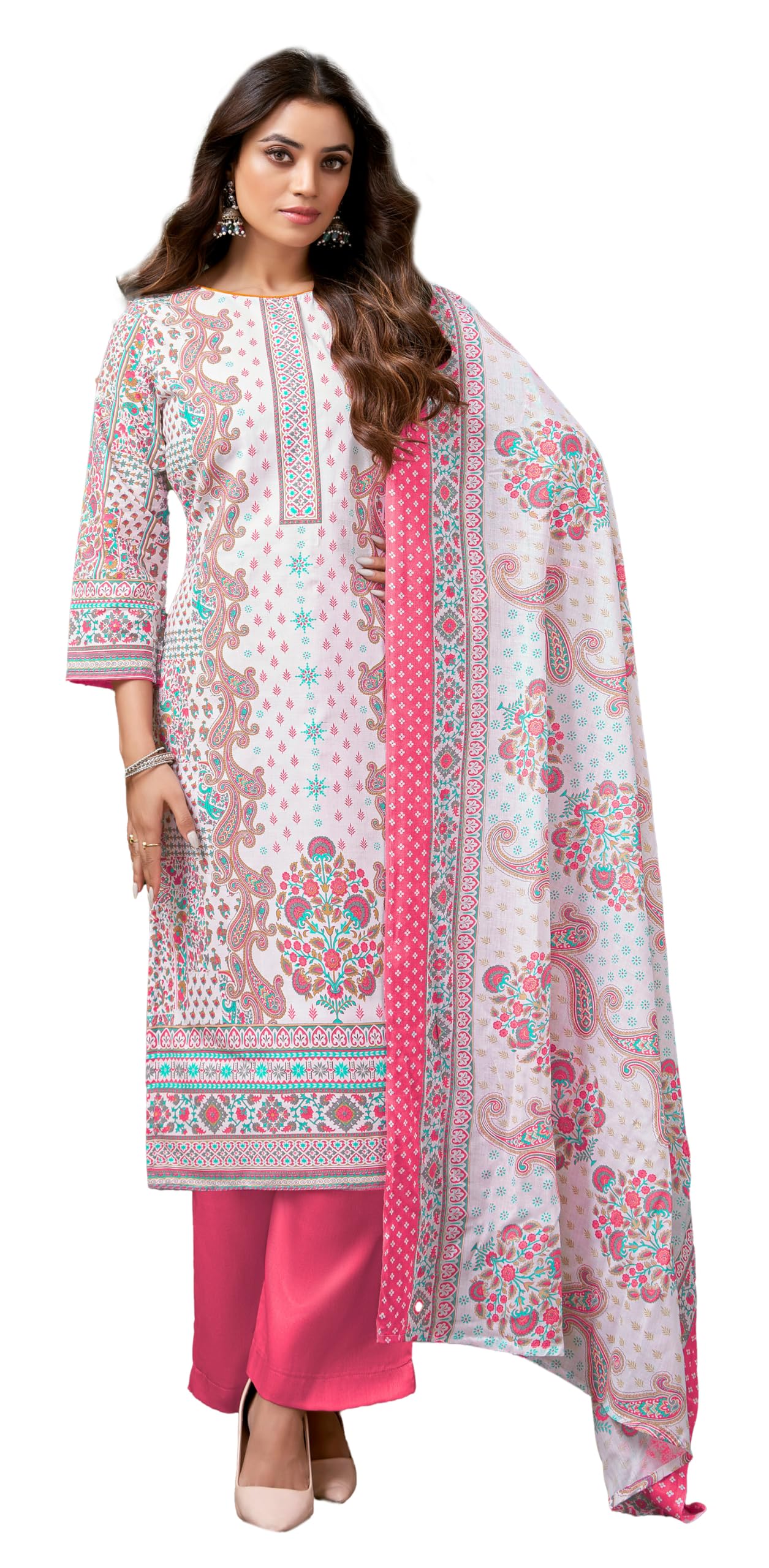 DRAVINAM Trends Pure Cotton Printed Dress Material Salwar Siroski Work Suit with Unstitched Bottoms and Cotton Dupatta