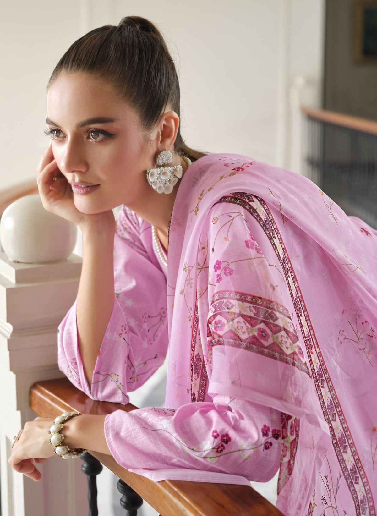 DRAVINAM Trends Unstitched Printed Embroidery Work Cotton Salwar Suits Dress Material with Chiffon Dupatta (Pink)