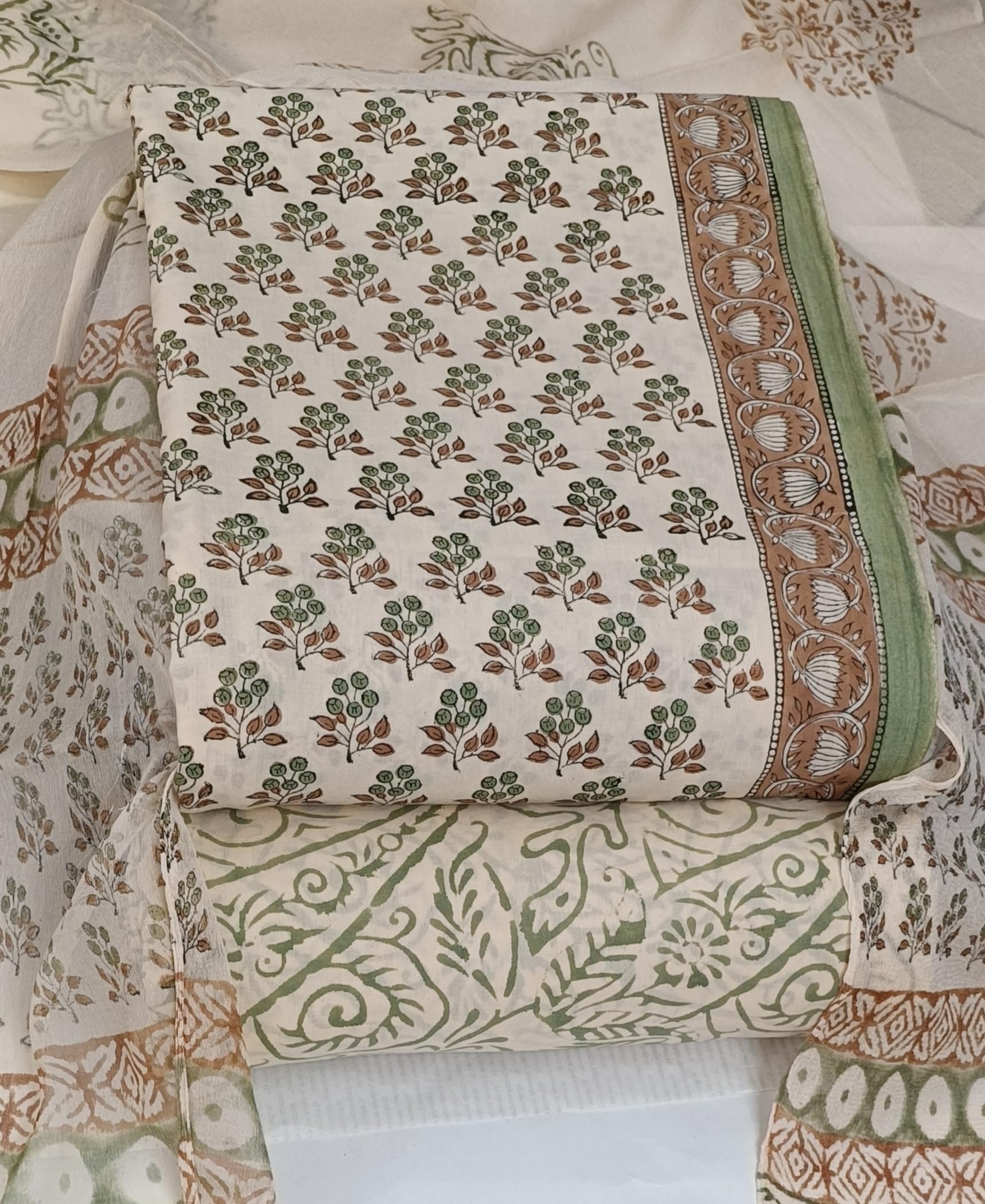 DRAVINAM Trends Hand Block Print Cambric Cotton Unstitched Salwar Suit Set for Women with Pure Chiffon Hand Printed Dupatta