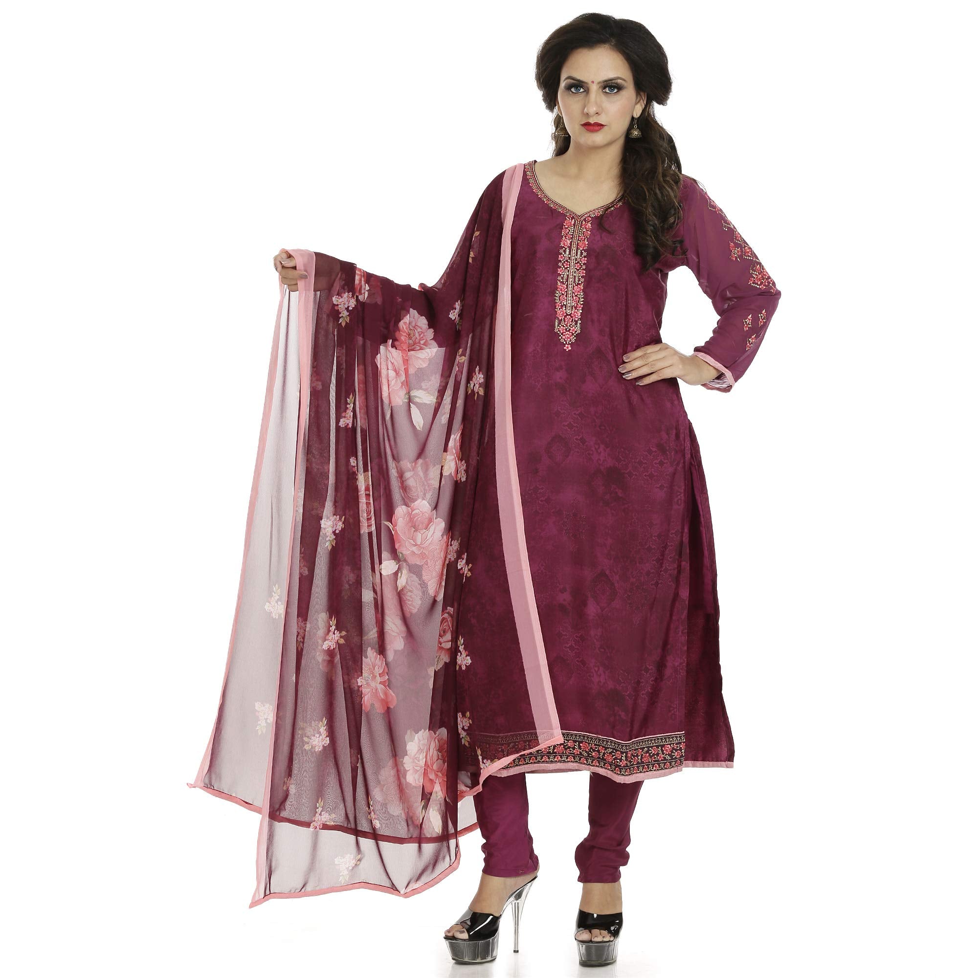 DRAVINAM Trends Women's Embroidered Pure Crepe Floral Printed Salwar Suit Dress Material with Printed Georgette Dupatta (Unstitched)