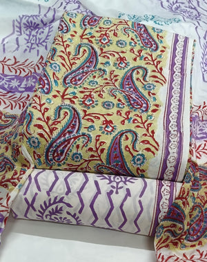 DRAVINAM Trends Hand Block Print Sanganeri Cambric Unstitched Cotton Suit Dress Material for Women with Mulmul Cotton Hand Printed Dupatta