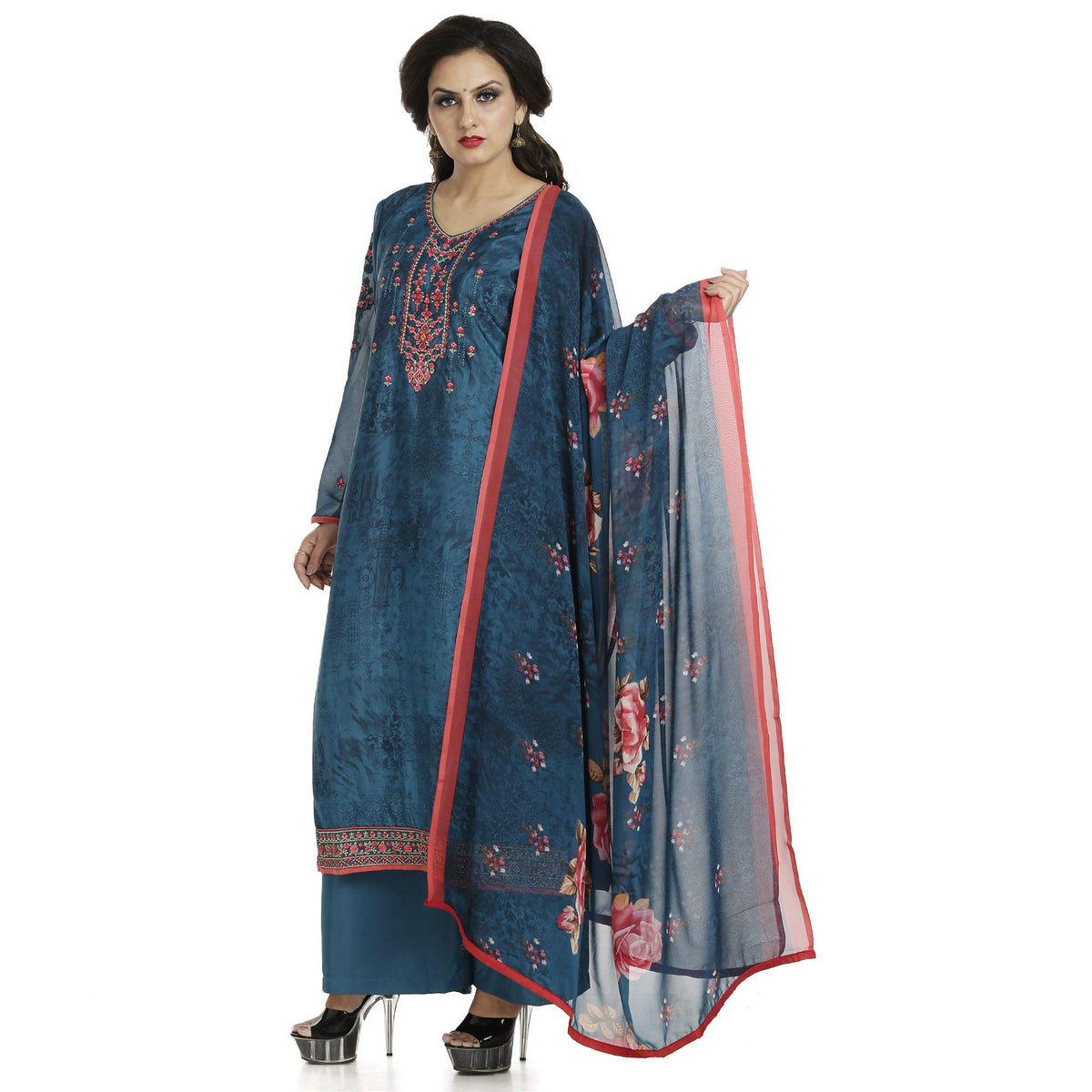 DRAVINAM Trends Women's Embroidered Pure Crepe Floral Printed Salwar Suit Dress Material with Printed Georgette Dupatta (Unstitched)