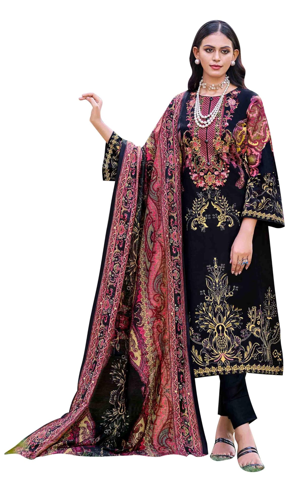 DRAVINAM Trends Unstitched Suit Material Karachi Lawn Cotton Pakistani Digital Printed Embroidered Kameez with Unstitched Bottoms and Cotton Dupatta