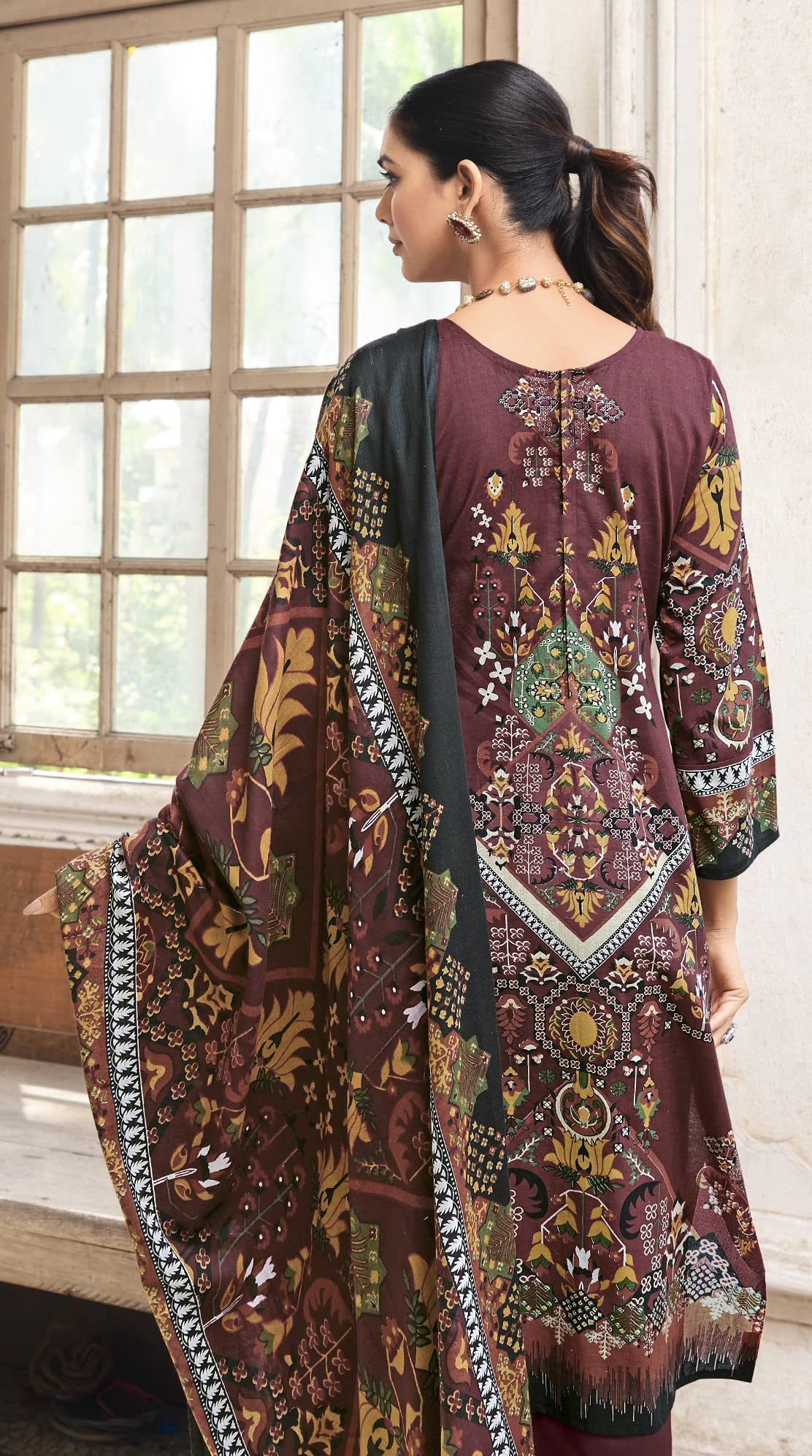 DRAVINAM Trends Women Unstitched Pakistani Print Embroidered Cotton Salwar Suit Dress Materials with Dupatta, Free Size