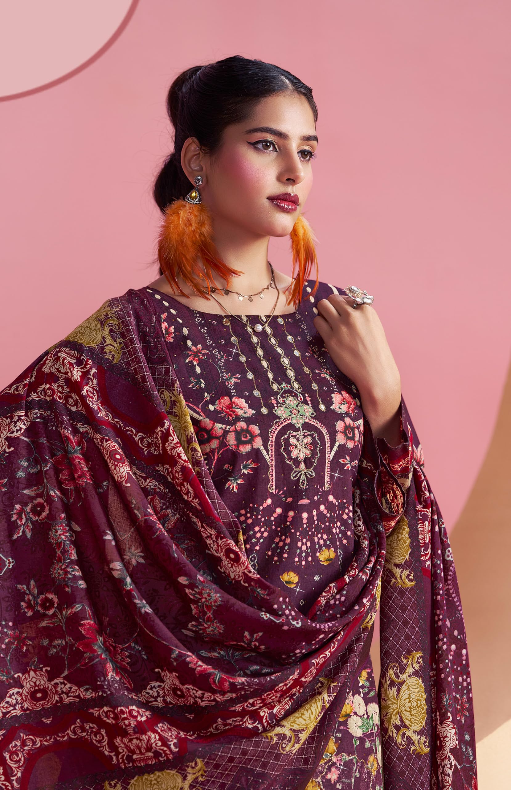 DRAVINAM Trends Cotton Pakistani Embroidered Suit Dress Material with Unstitched Bottoms and Cotton Dupatta