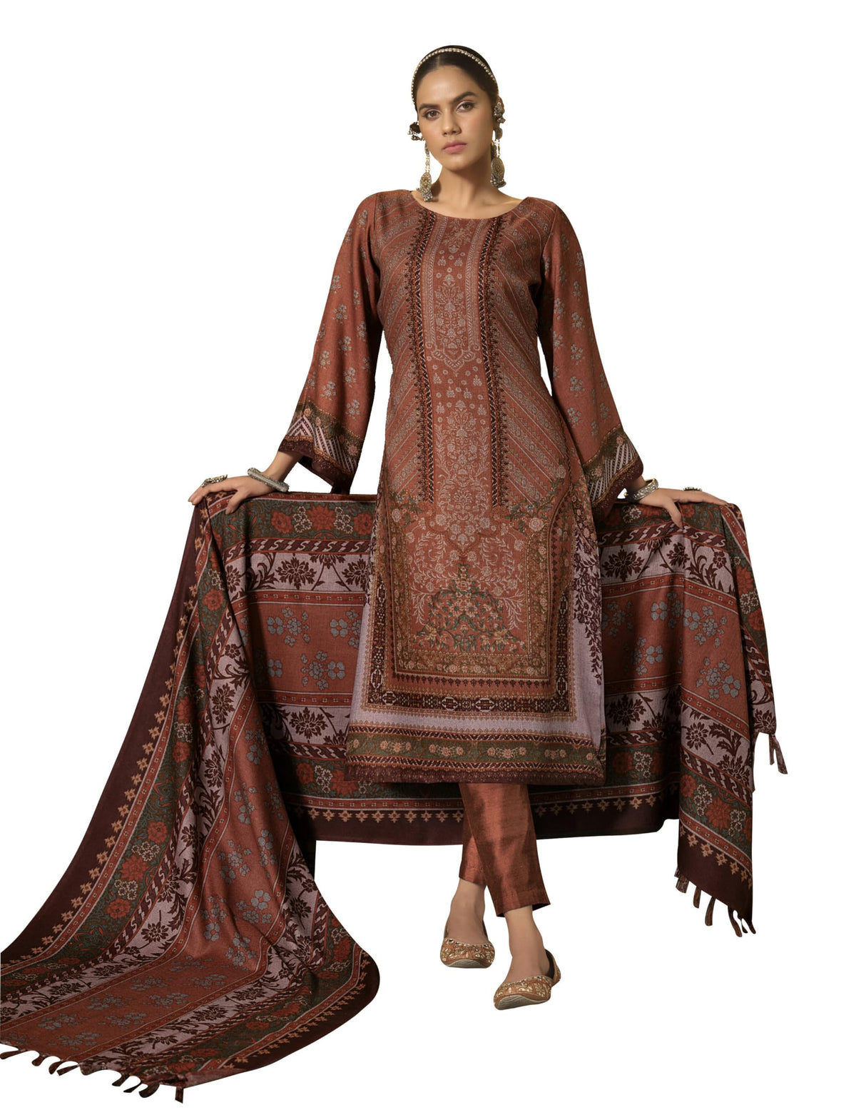 DRAVINAM Trends Women's Pure Winter Alpine Woollen Pashmina Pakistani Print Unstitched Salwar Suit Dress Material with Printed Woollen Shawl