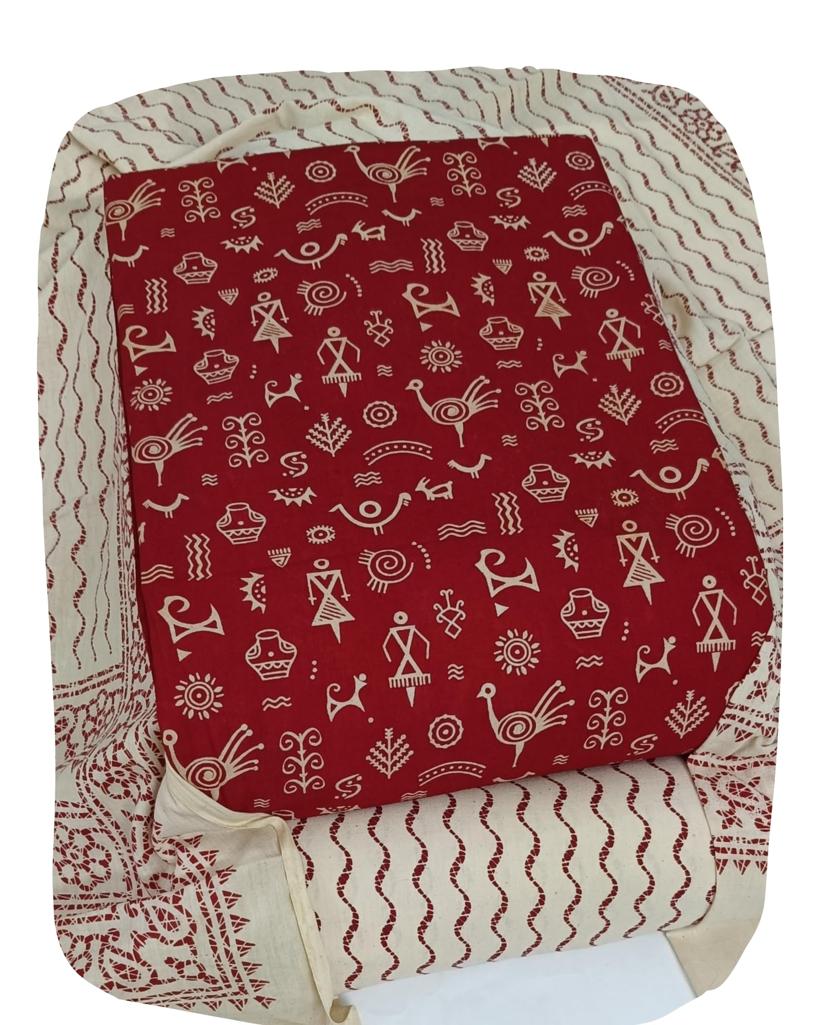 DRAVINAM Trends Women's Premium Cotton Unstitched Salwar Suit Dress Material Set | Traditional Rajasthani Gujari Block Print (Red & Mustard Yellow)
