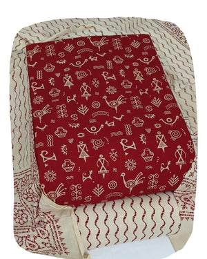 DRAVINAM Trends Women's Premium Cotton Unstitched Salwar Suit Dress Material Set | Traditional Rajasthani Gujari Block Print (Red & Mustard Yellow)