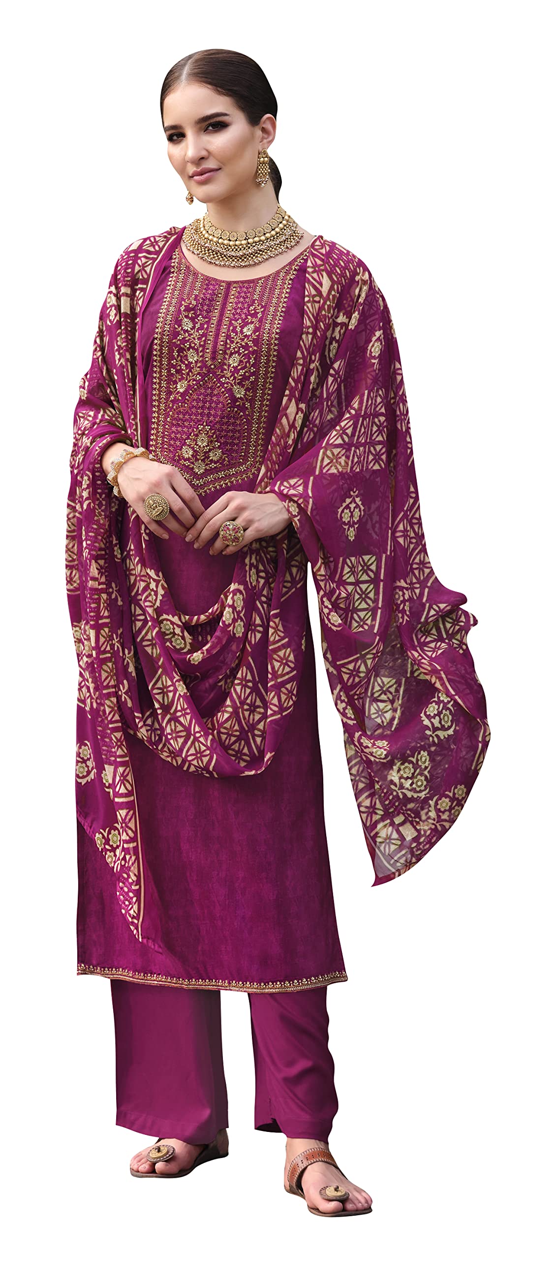 DRAVINAM Trends Unstitched Printed Embroidered Rayon Salwar Suits Set with Chiffon Dupatta (Green)