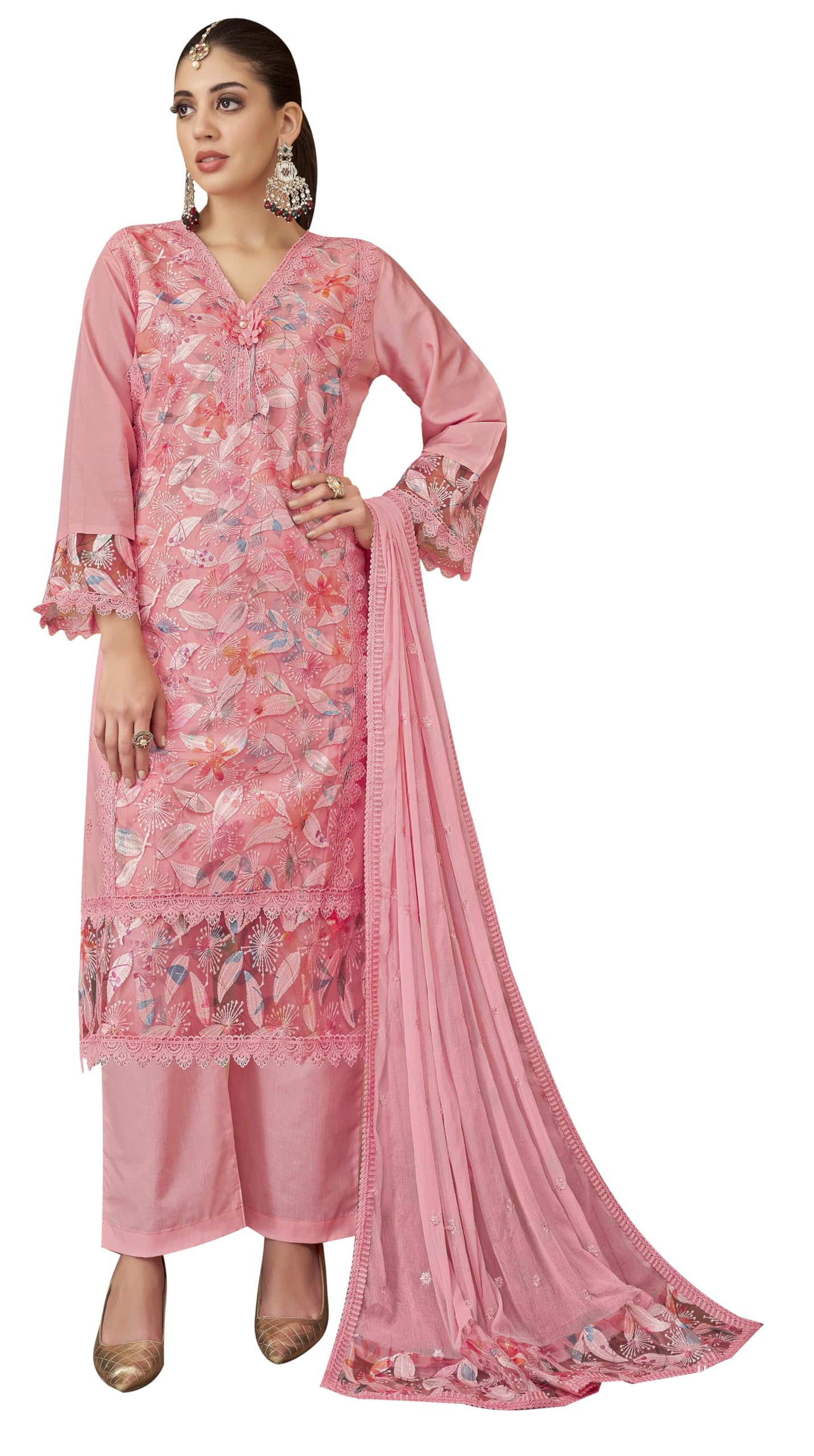 DRAVINAM Trends Women's Unstitched Cotton Embroidered Suit Material -Jam Cotton Embroidered Shirt II Cotton Bottoms II Chiffon Ptinted Dupatta