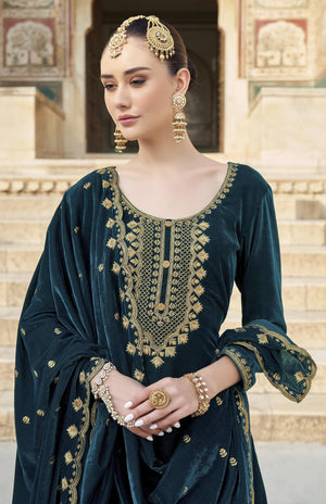 DRAVINAM Trends Women's Unstitched Premium Velvet Embroidered Salwar Suit Dress Material With Dupatta and Unstitch Bottoms