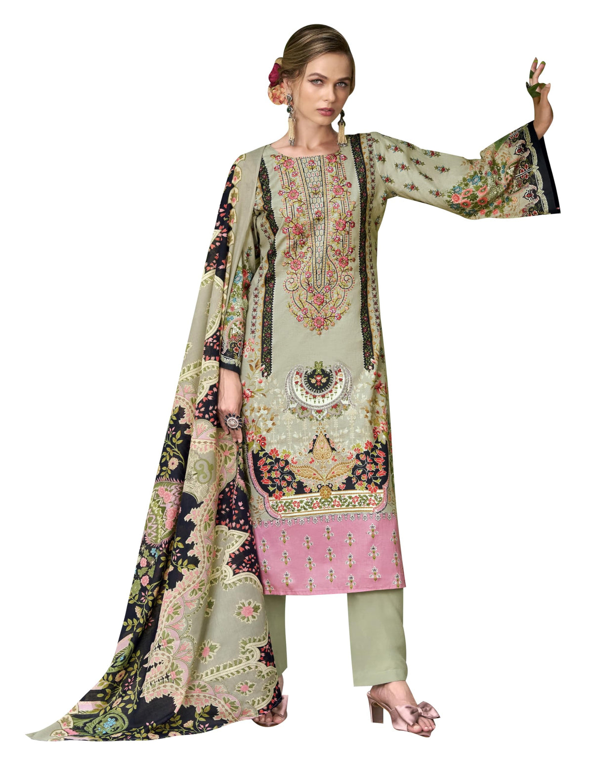 DRAVINAM Trends Women's Unstitched Cotton Suit Dress Material - Pure Cotton Embroidered Digital Top II Cotton Bottoms II Cotton Digital Print Dupatta