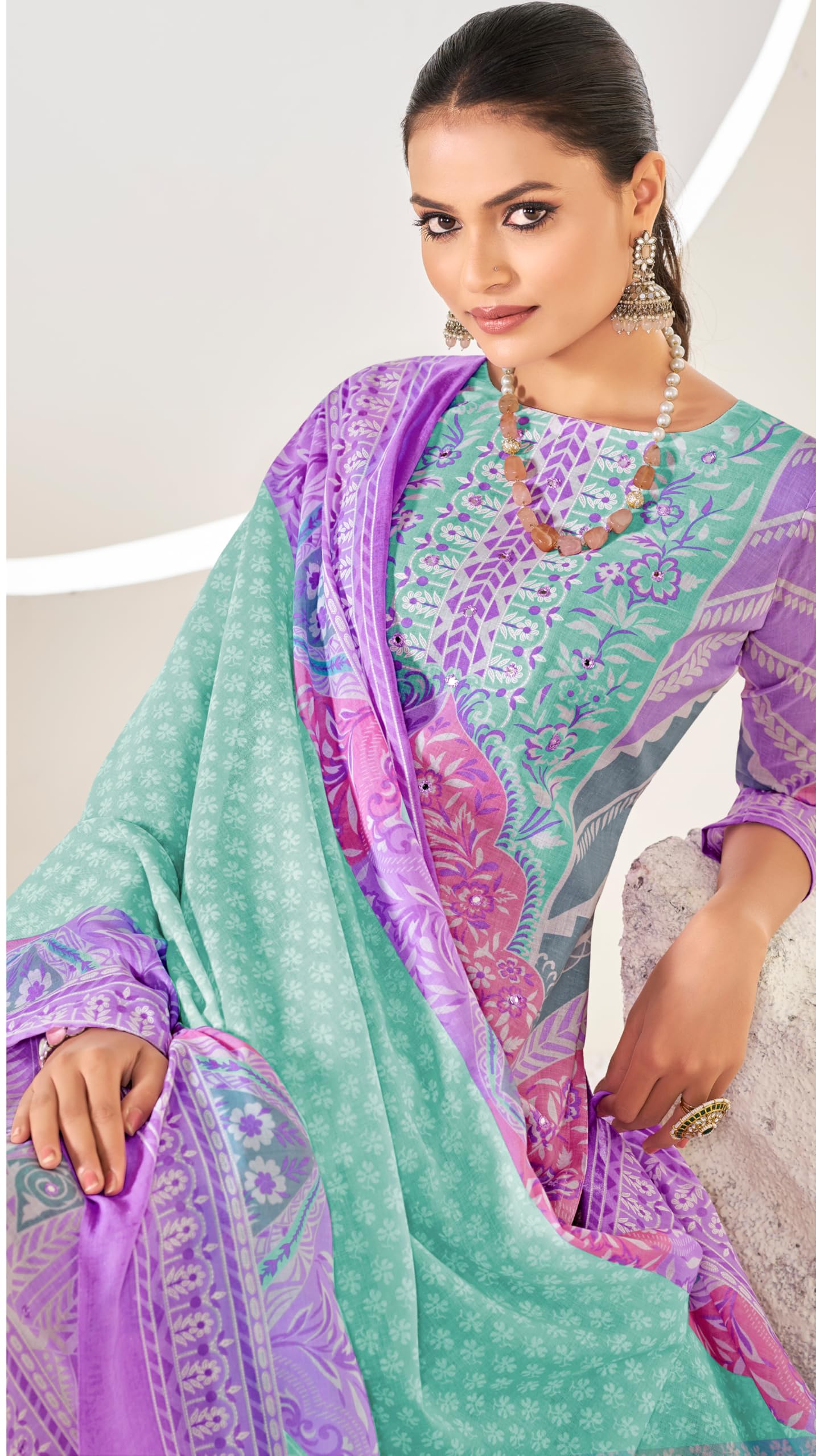 DRAVINAM Trends Women's Pure Cotton Printed Hand Work Unstitched Dress Material Salwar Suit with Unstitched Bottoms and Cotton Dupatta