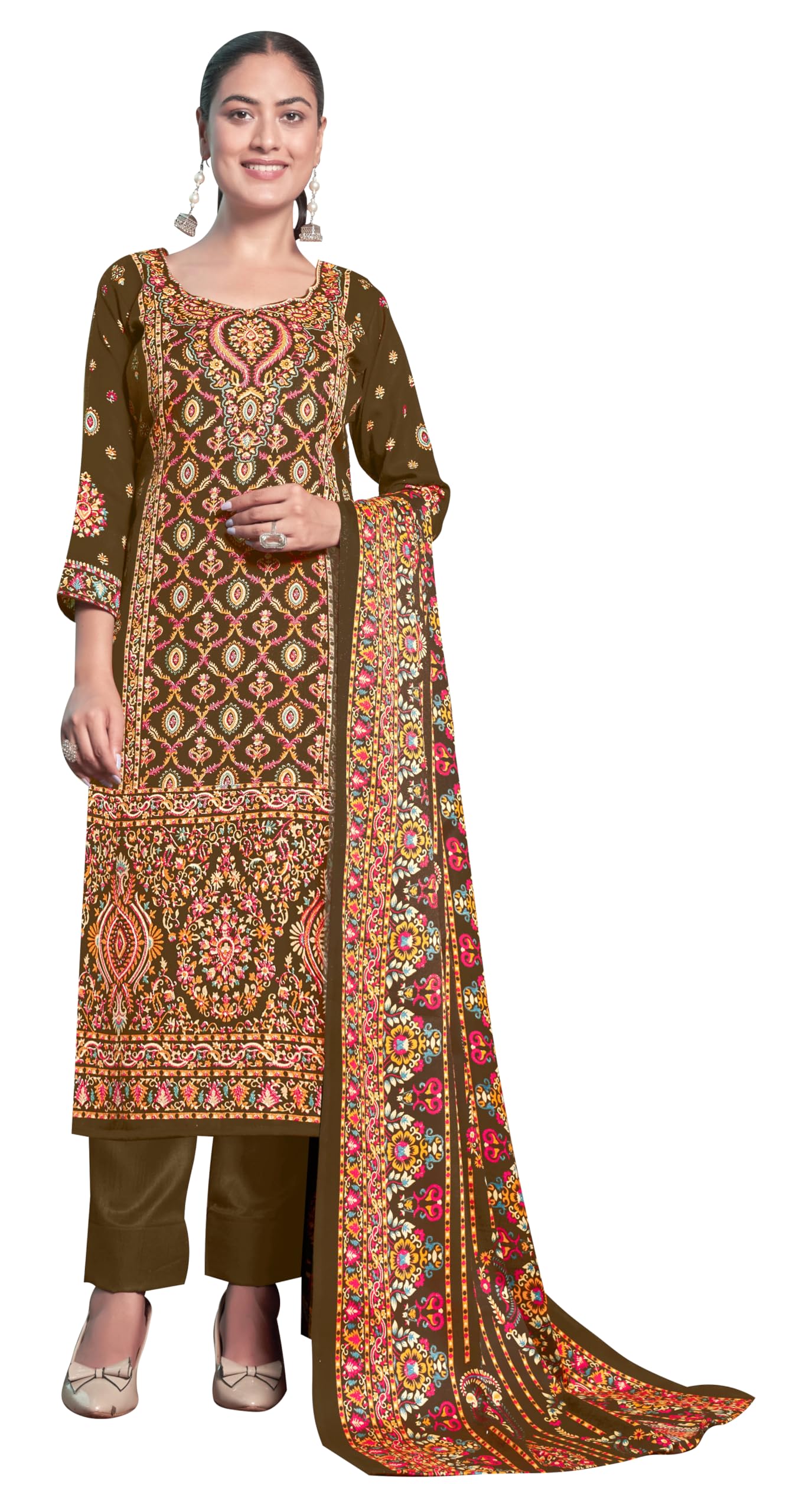 DRAVINAM Trends Women's Printed Woolen Pashmina Unstitch Salwar Suit Dress Material with Printed Woolen Warm Shawl Dupatta