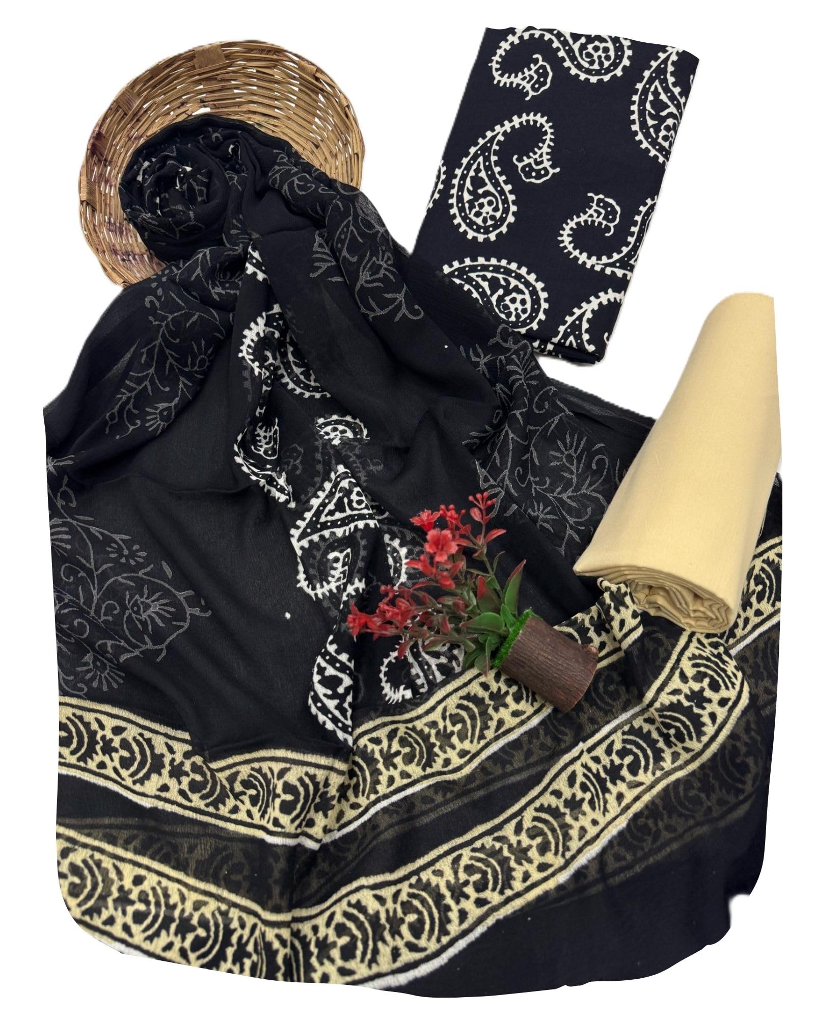 DRAVINAM Trends Hand Block Print Cambric Cotton Unstitched Salwar Suit Set for Women with Pure Chiffon Hand Printed Dupatta