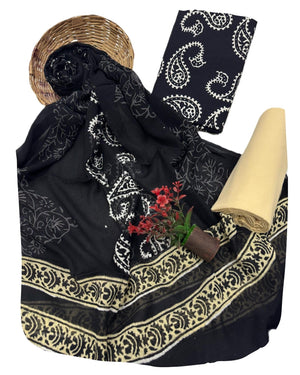 DRAVINAM Trends Hand Block Print Cambric Cotton Unstitched Salwar Suit Set for Women with Pure Chiffon Hand Printed Dupatta
