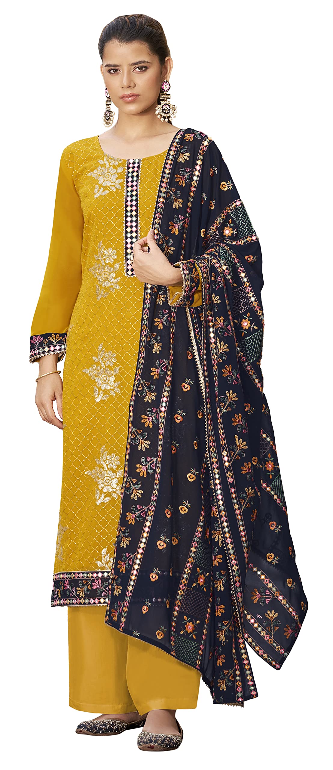 DRAVINAM Trends Women's Heavy Embroidered Pure Georgette Sharara Salwar Suit Dress Material with Heavy Embroidered Pure Georgette Dupatta (Free size_Maroonish red)