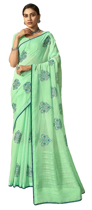 DRAVINAM Trends Women's Embroidered Linen Cotton Saree With Unstitched Blouse Piece (Light Blue)